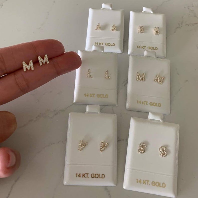 14K Solid Gold Pave Initial Earrings