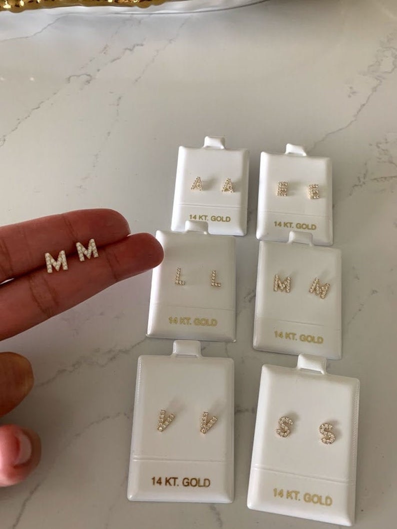 14K Solid Gold Pave Initial Earrings