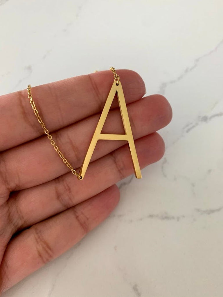Large Initial Necklace, Stainless Steel, Big Letter Necklace, Sideways Initial Necklace, Oversized Initial Necklace, Alphabet Necklace