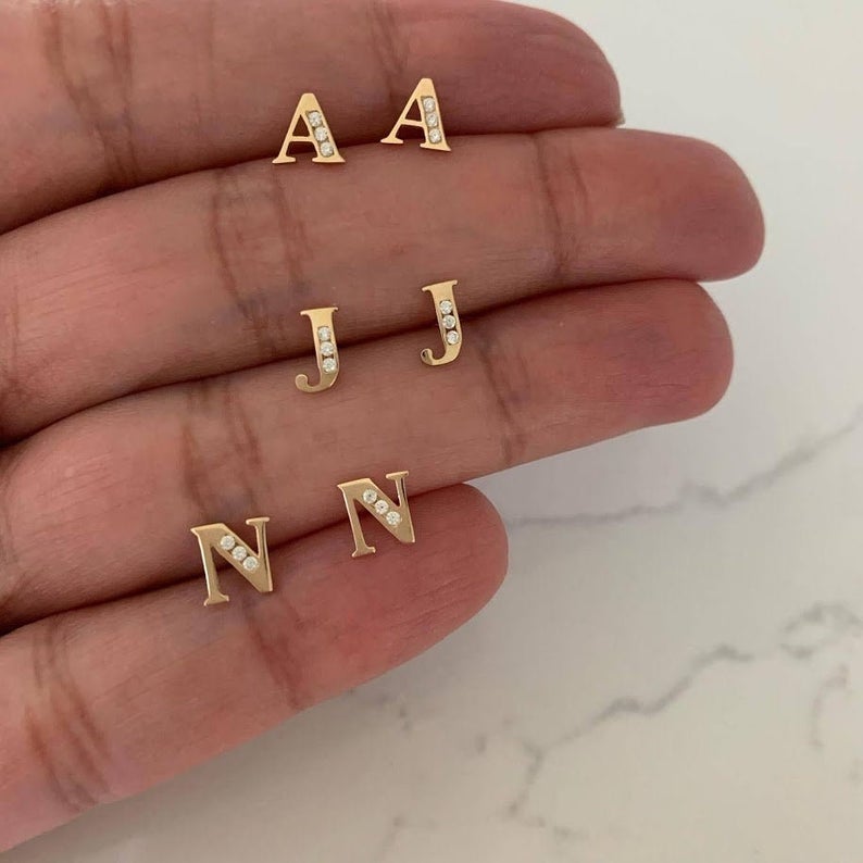 14K Yellow Solid Gold Initial Studs with CZs