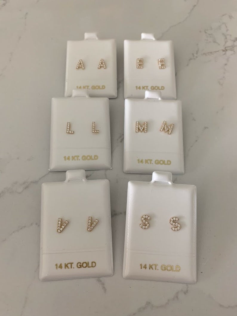14K Solid Gold Pave Initial Earrings