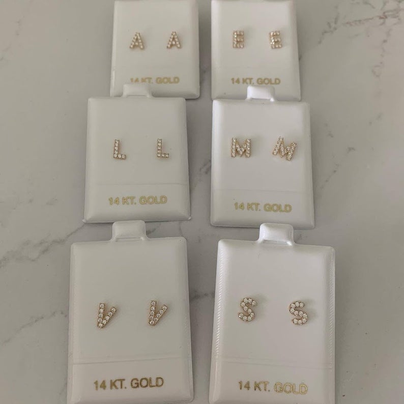 14K Solid Gold Pave Initial Earrings