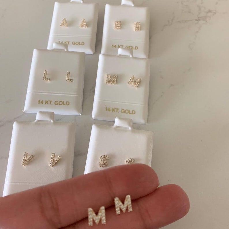 14K Solid Gold Pave Initial Earrings