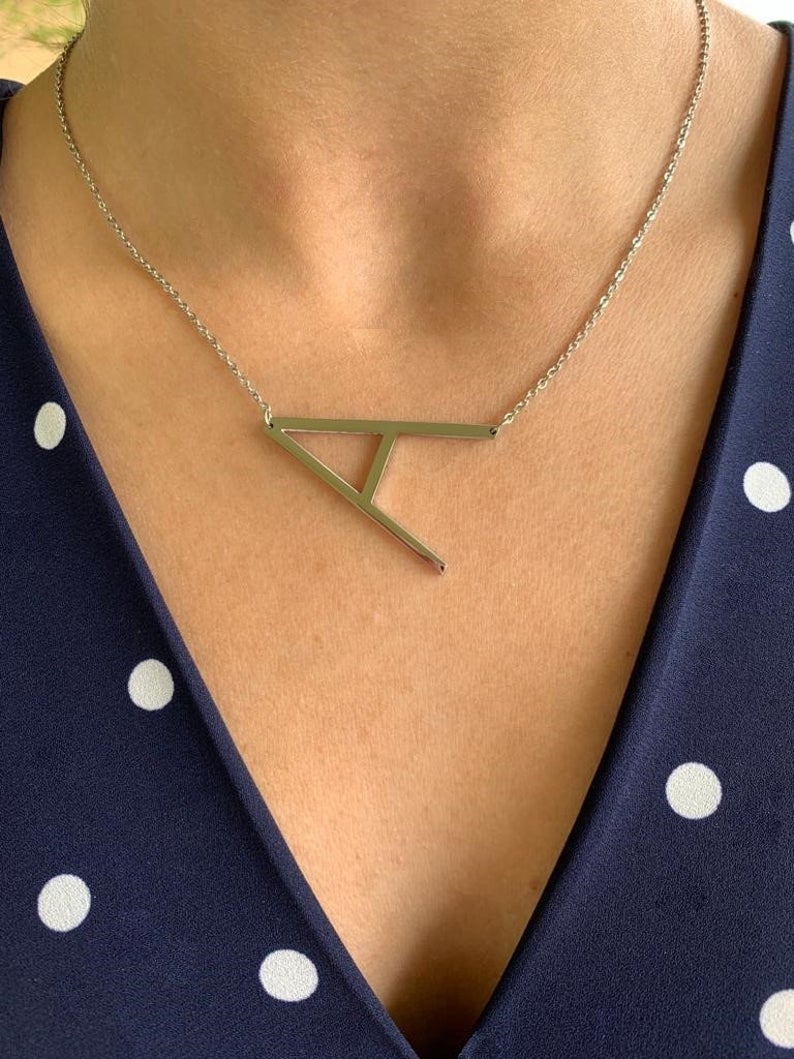 Large Initial Necklace, Stainless Steel, Big Letter Necklace, Sideways Initial Necklace, Oversized Initial Necklace, Alphabet Necklace