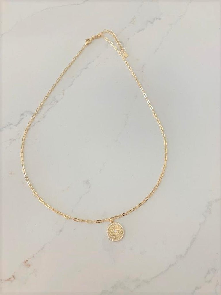 Evil Eye Disc on a Paperclip Chain in Gold Vermeil