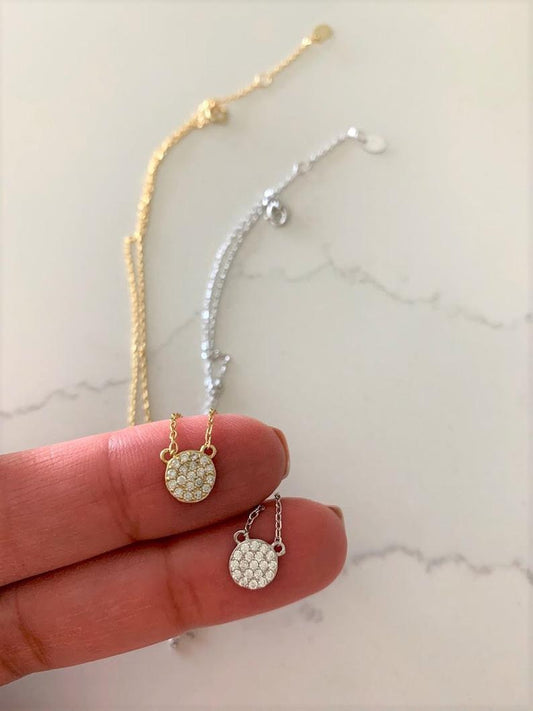 Small Pave Disc Necklace | Sterling Silver Circle necklace