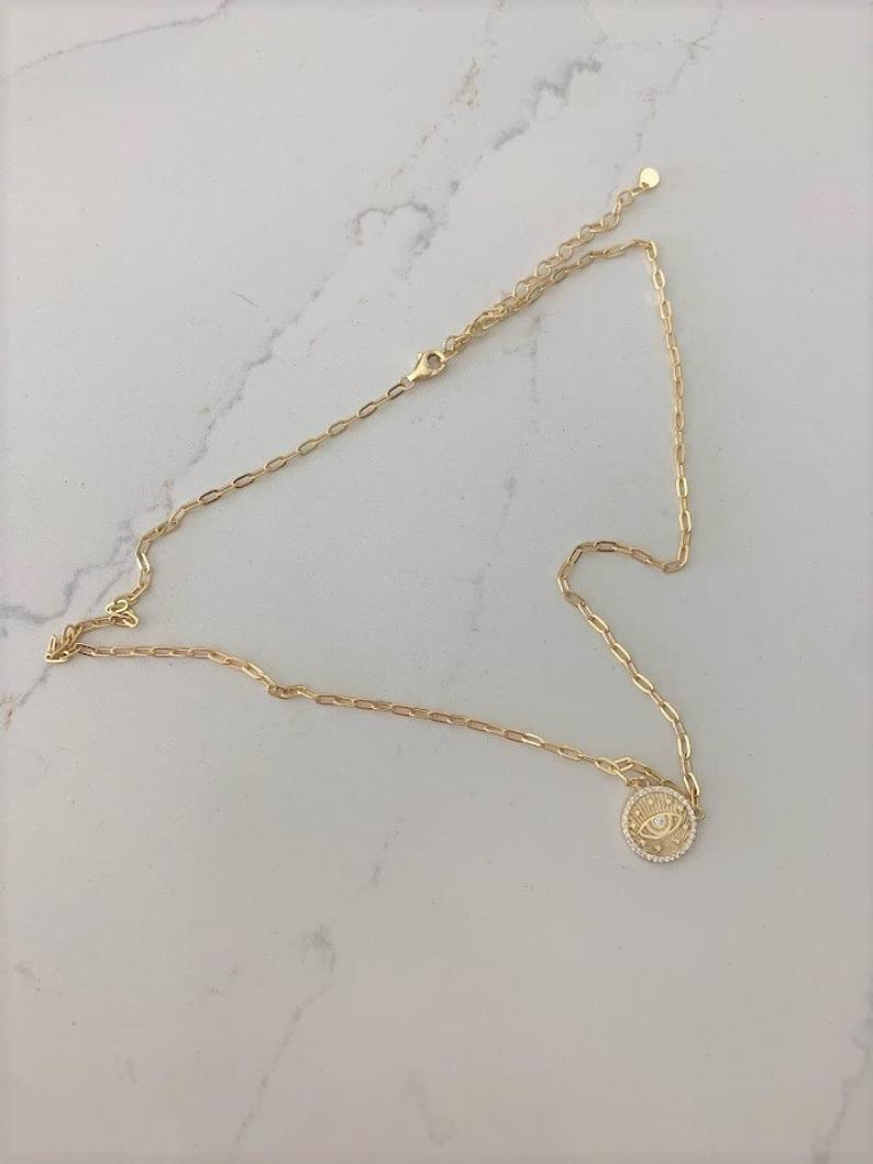 Evil Eye Disc on a Paperclip Chain in Gold Vermeil