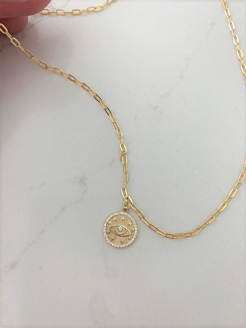 Evil Eye Disc on a Paperclip Chain in Gold Vermeil