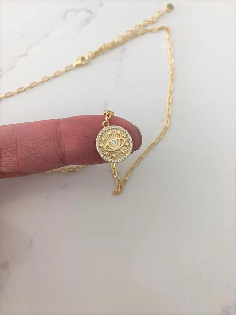 Evil Eye Disc on a Paperclip Chain in Gold Vermeil