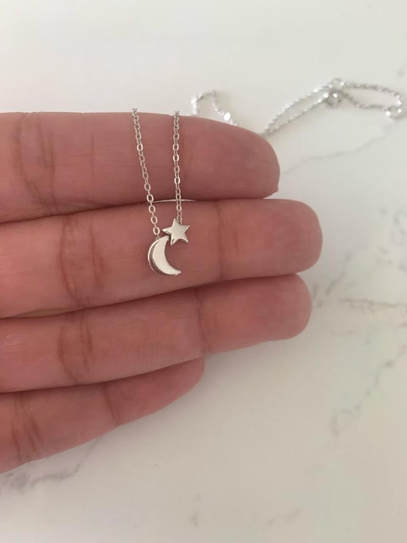Moon and Star Necklace, Sterling Silver Dainty Necklace, Minimalist Jewelry, Star Necklace, Crescent Moon, Moon and Star