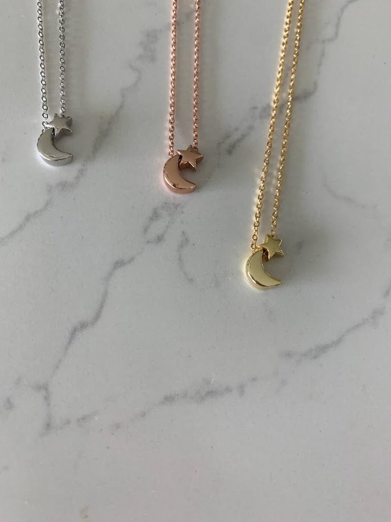 Moon and Star Necklace, Sterling Silver Dainty Necklace, Minimalist Jewelry, Star Necklace, Crescent Moon, Moon and Star