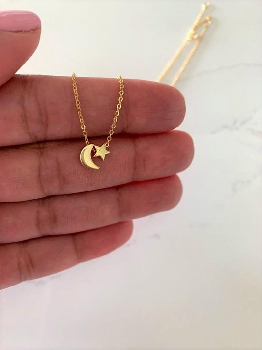 Moon and Star Necklace, Sterling Silver Dainty Necklace, Minimalist Jewelry, Star Necklace, Crescent Moon, Moon and Star