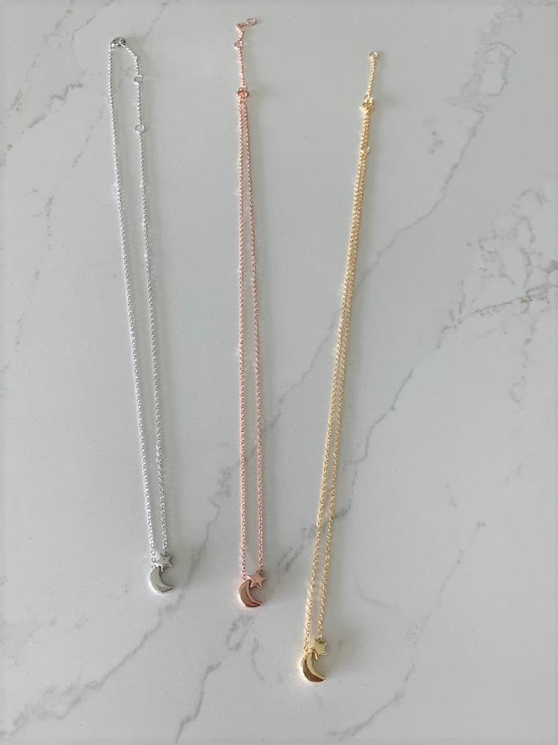 Moon and Star Necklace, Sterling Silver Dainty Necklace, Minimalist Jewelry, Star Necklace, Crescent Moon, Moon and Star