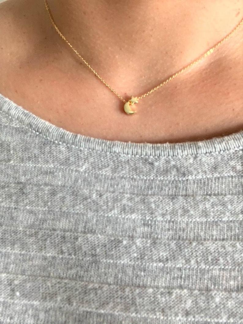 Moon and Star Necklace, Sterling Silver Dainty Necklace, Minimalist Jewelry, Star Necklace, Crescent Moon, Moon and Star