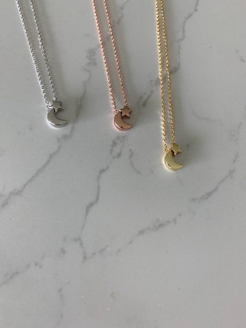 Moon and Star Necklace, Sterling Silver Dainty Necklace, Minimalist Jewelry, Star Necklace, Crescent Moon, Moon and Star