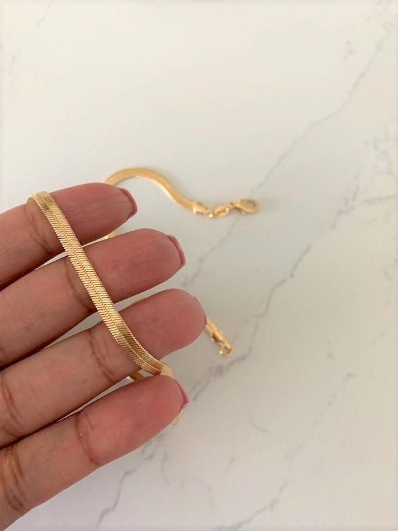 18K Solid Gold Herringbone Necklace, Flat Snake Herringbone Choker, 15.75-  17.75 18K Yellow Gold High Polished 3mm wide Herringbone Chain!