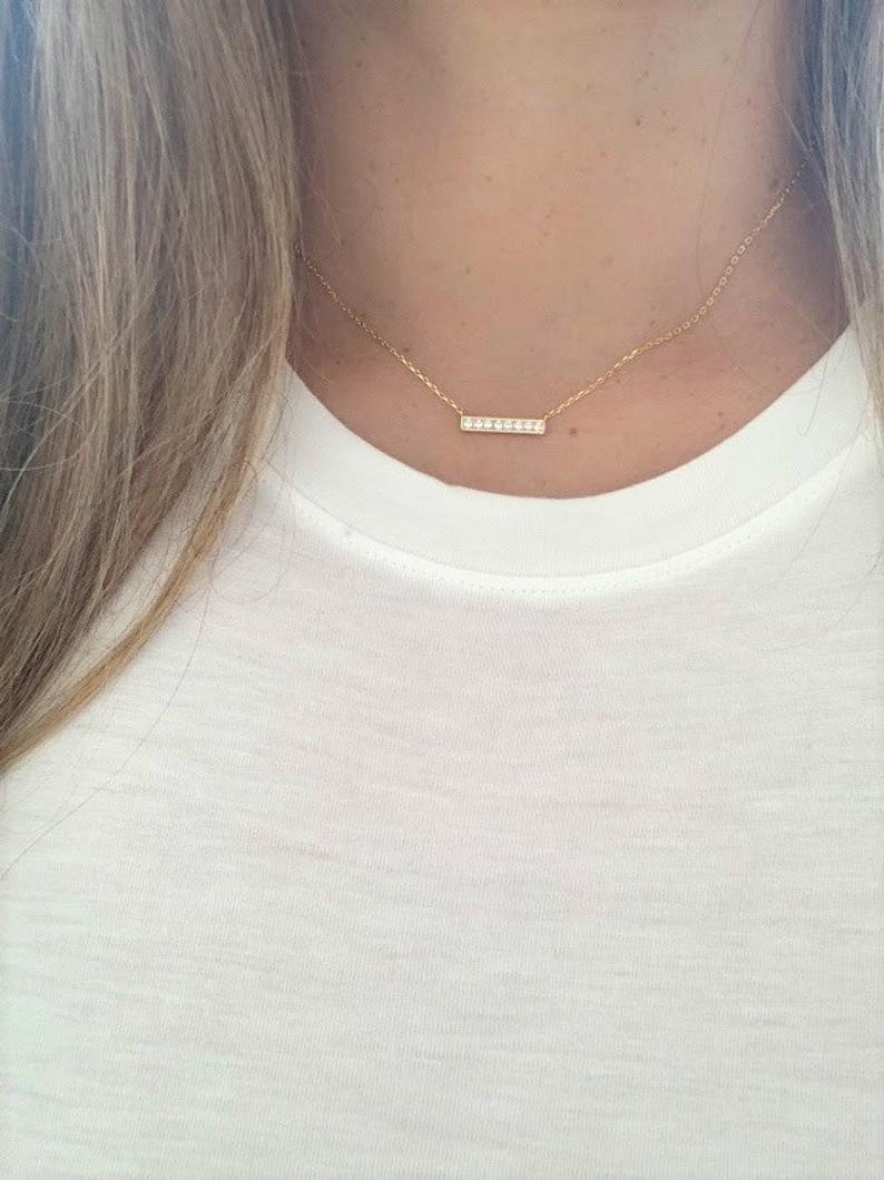 CZ Diamond Bar Necklace in Sterling Silver Silver Bar