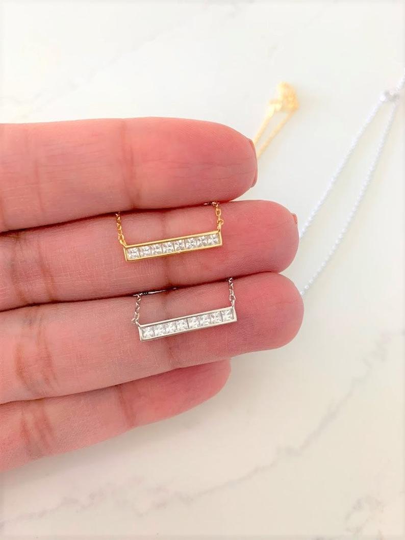 CZ Diamond Bar Necklace in Sterling Silver Silver Bar
