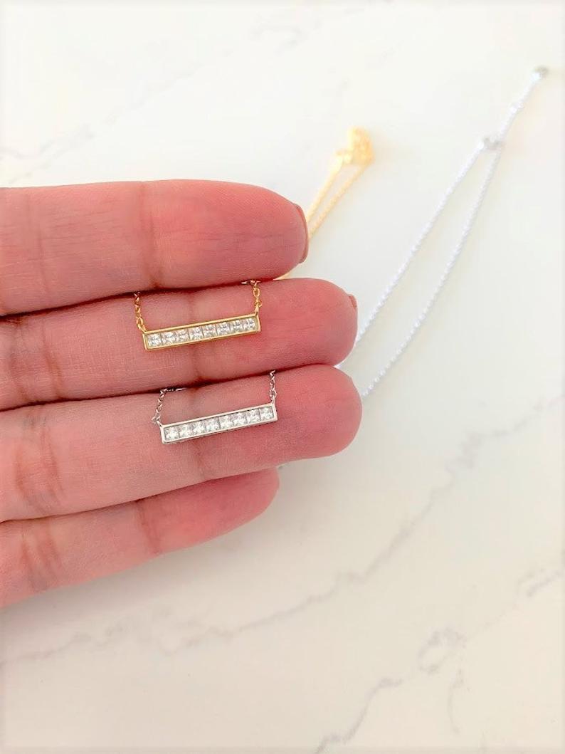 CZ Diamond Bar Necklace in Sterling Silver Silver Bar