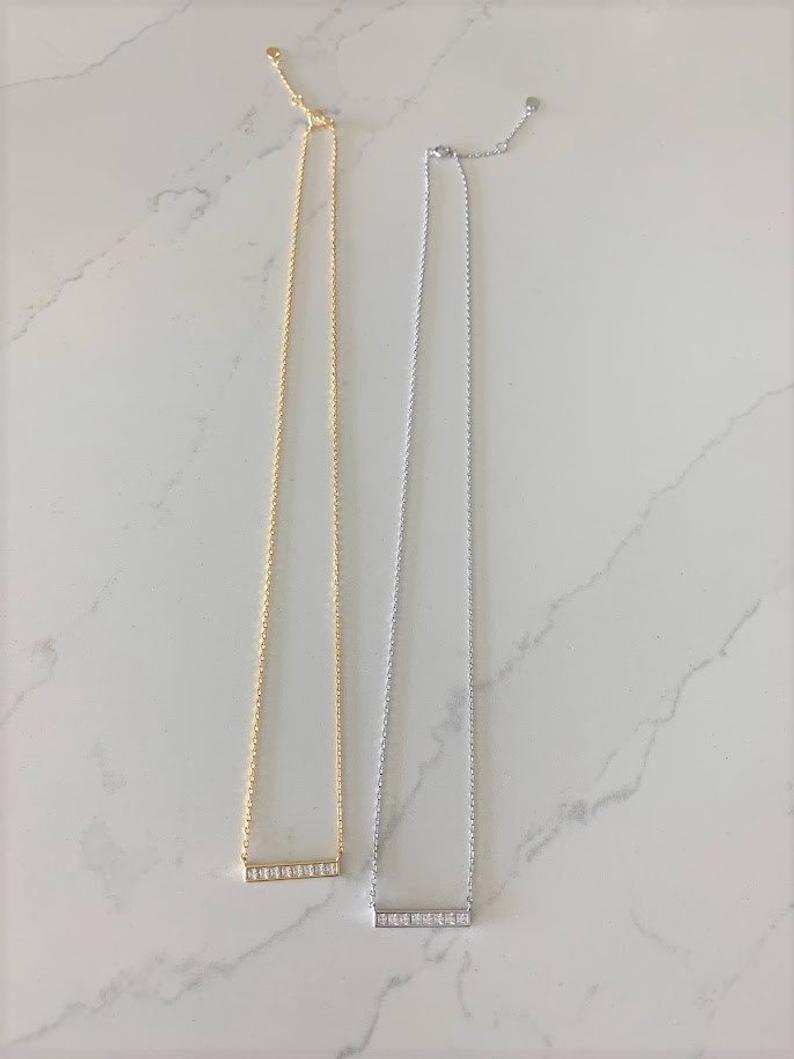 CZ Diamond Bar Necklace in Sterling Silver Silver Bar