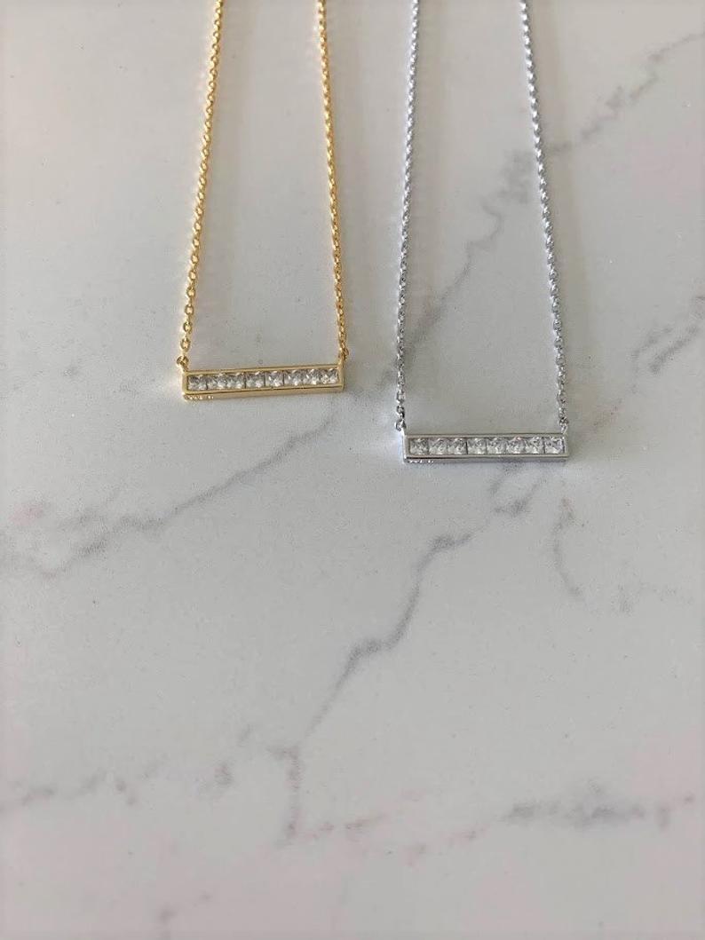 CZ Diamond Bar Necklace in Sterling Silver Silver Bar