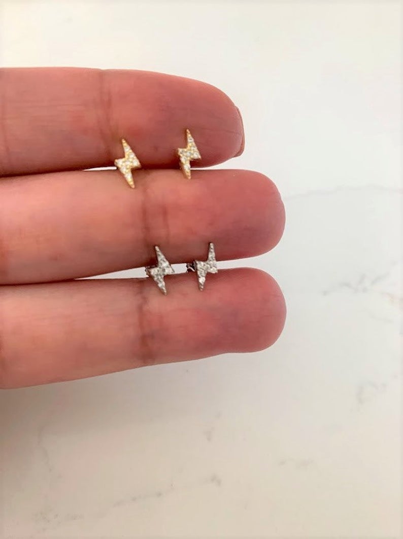 Tiny Lightning Bolt Pave Stud Earring in Sterling Silver