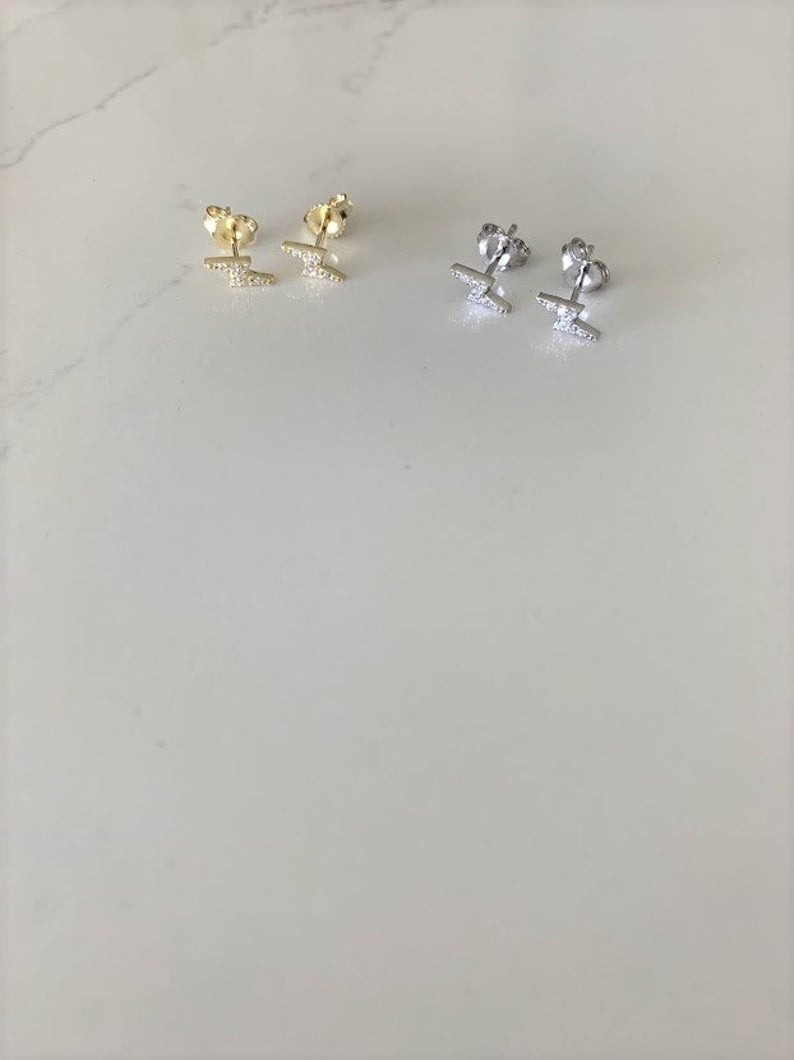 Tiny Lightning Bolt Pave Stud Earring in Sterling Silver