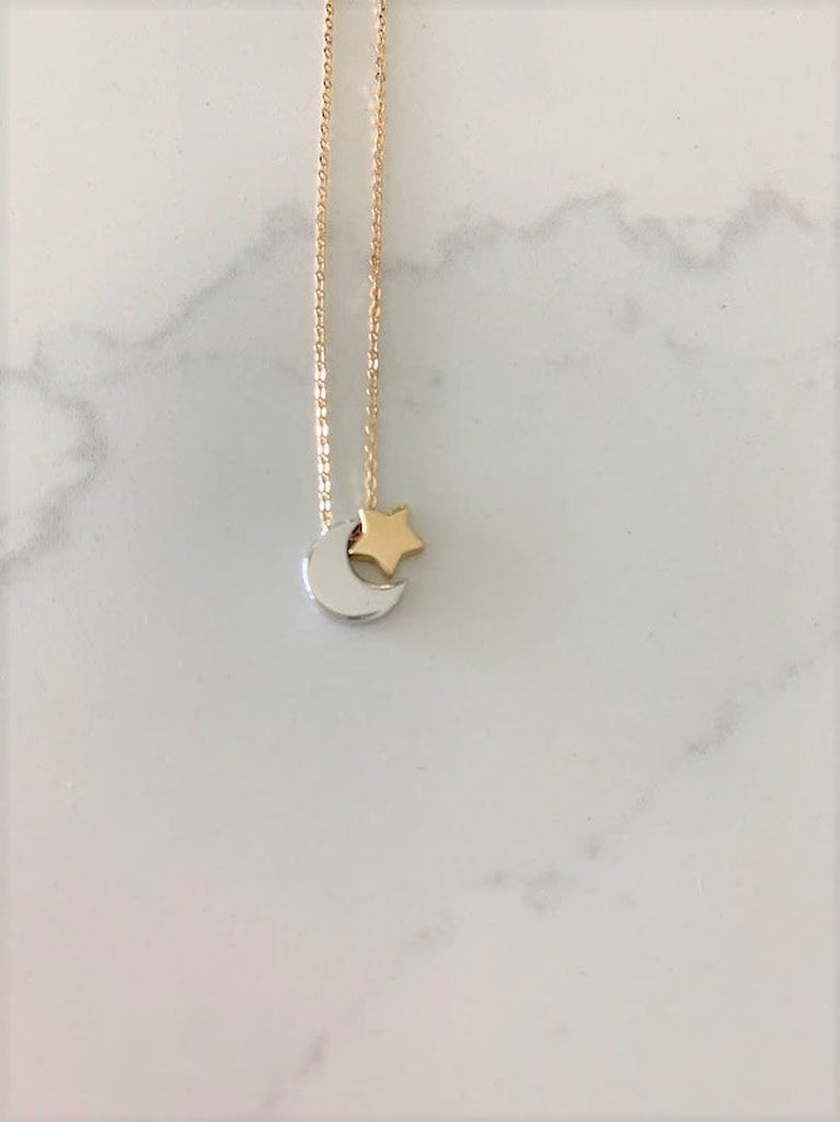 Two Tone 14K Gold Moon and Star Necklace