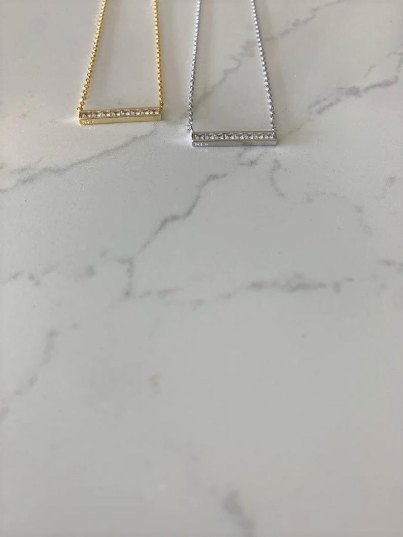 CZ Diamond Bar Necklace in Sterling Silver Silver Bar