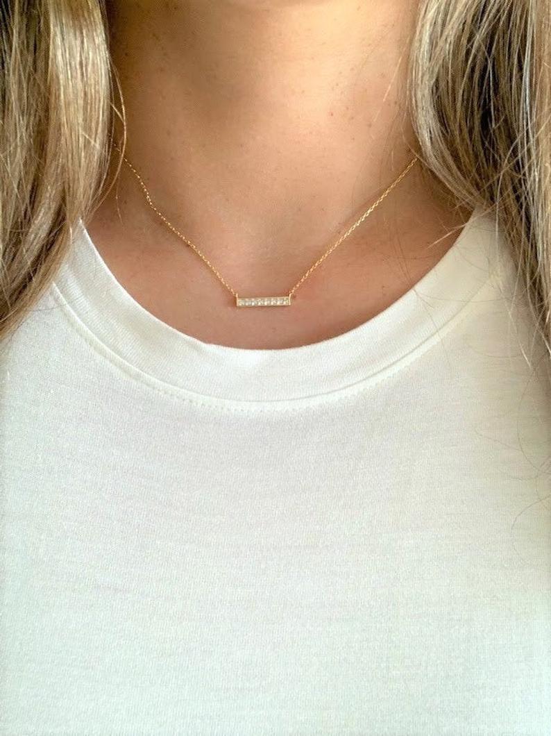 CZ Diamond Bar Necklace in Sterling Silver Silver Bar