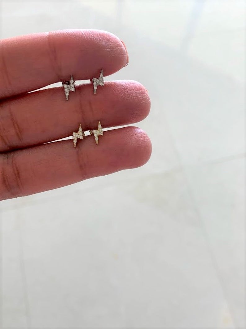 Tiny Lightning Bolt Pave Stud Earring in Sterling Silver