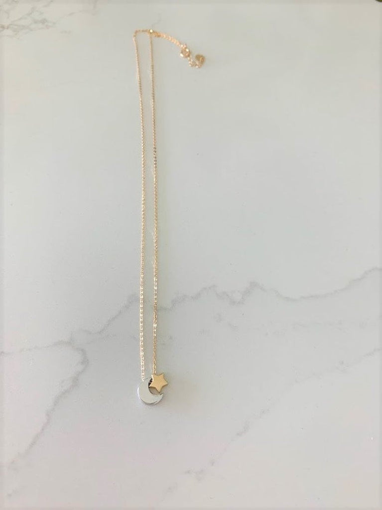 Two Tone 14K Gold Moon and Star Necklace
