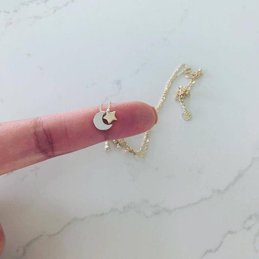 Two Tone 14K Gold Moon and Star Necklace