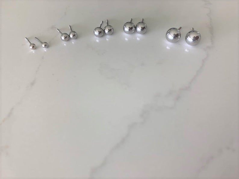 14K Solid White Gold Button Ball Earrings