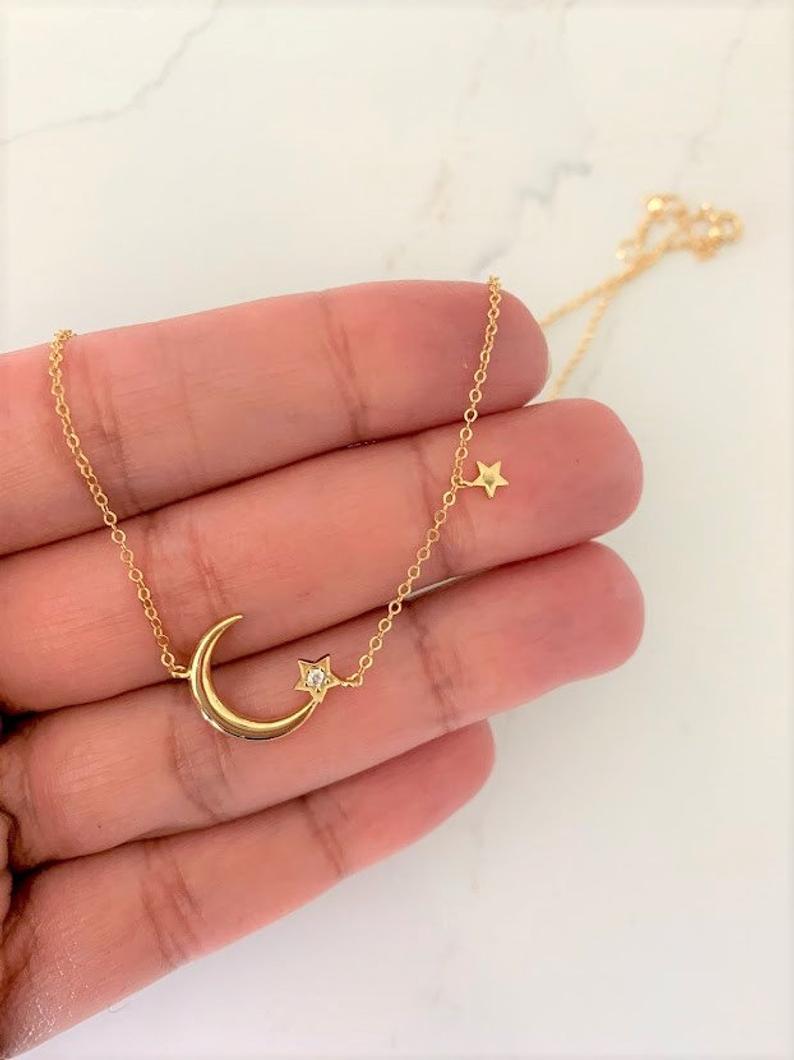 925 Sterling Silver Moon and Two Stars Necklace