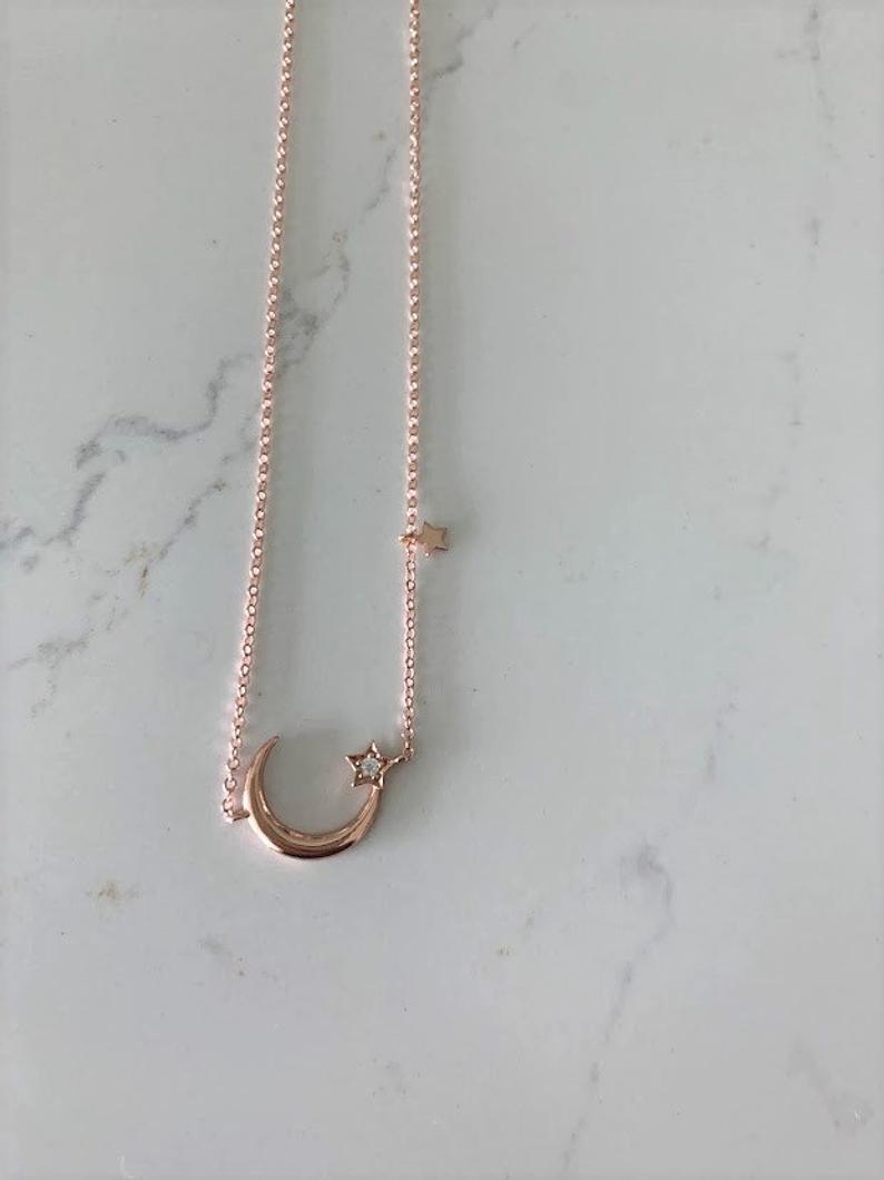 925 Sterling Silver Moon and Two Stars Necklace