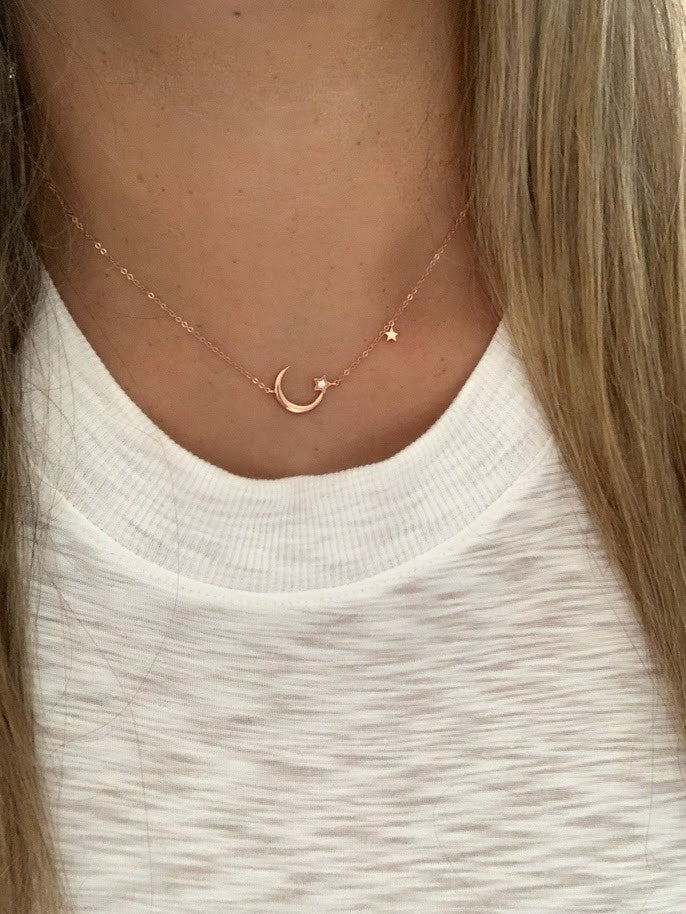 925 Sterling Silver Moon and Two Stars Necklace