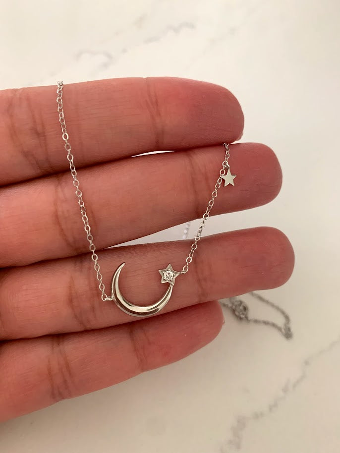 925 Sterling Silver Moon and Two Stars Necklace