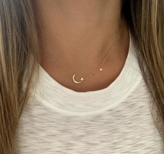 925 Sterling Silver Moon and Two Stars Necklace