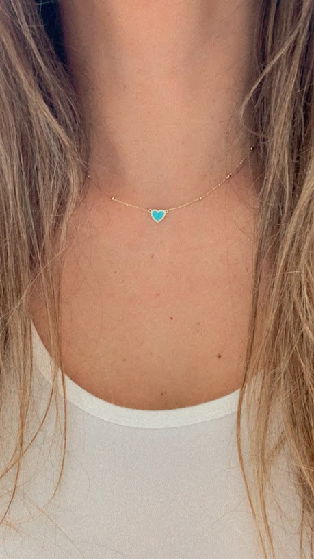 Turquoise Small Heart 14K Gold Satellite Necklace | Enamel | 8MM Heart Gold Chain | Dainty Necklace |  | Minimalist Jewelry | SOLID GOLD