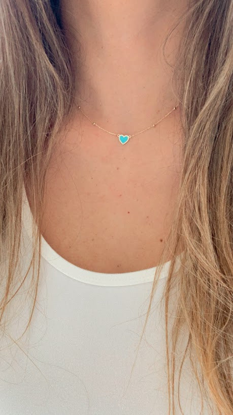 Turquoise Small Heart 14K Gold Satellite Necklace | Enamel | 8MM Heart Gold Chain | Dainty Necklace |  | Minimalist Jewelry | SOLID GOLD