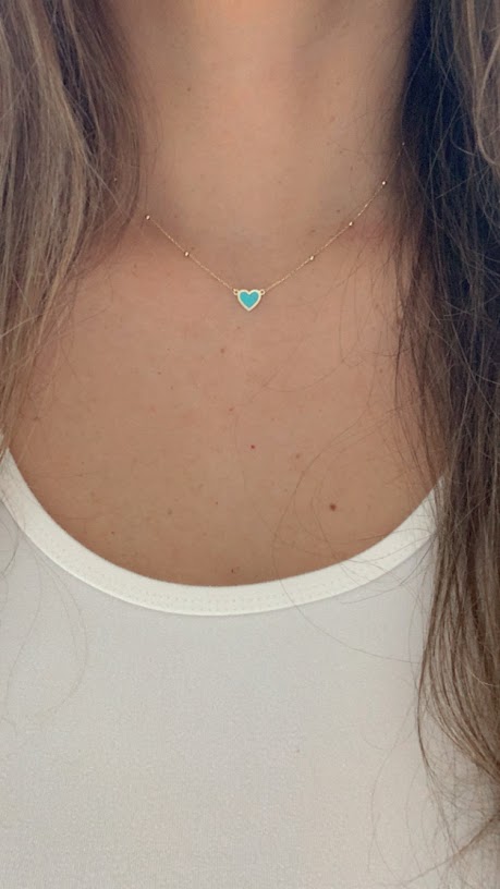 Turquoise Small Heart 14K Gold Satellite Necklace | Enamel | 8MM Heart Gold Chain | Dainty Necklace |  | Minimalist Jewelry | SOLID GOLD