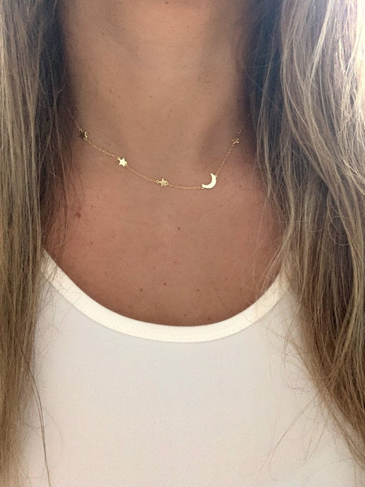 High Polish Moon and Stars Necklace with extender | Layering Necklace