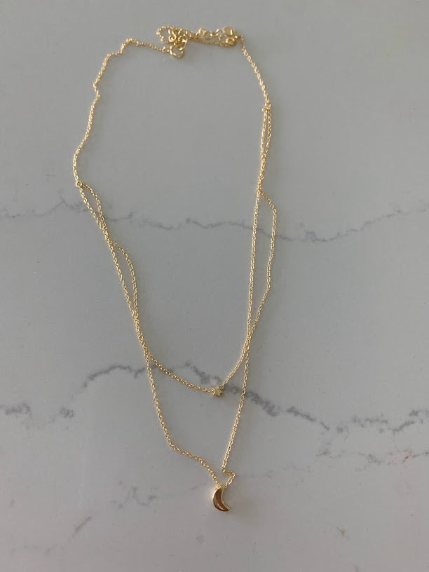 Gold Floating Moon & Star Necklace, Double Strand