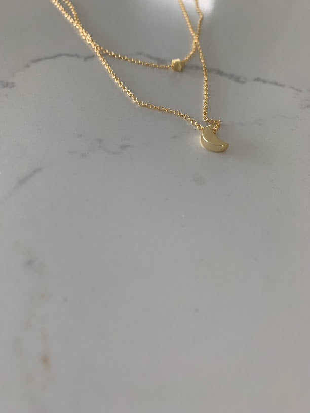 Gold Floating Moon & Star Necklace, Double Strand