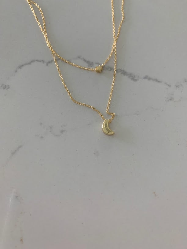 Gold Floating Moon & Star Necklace, Double Strand