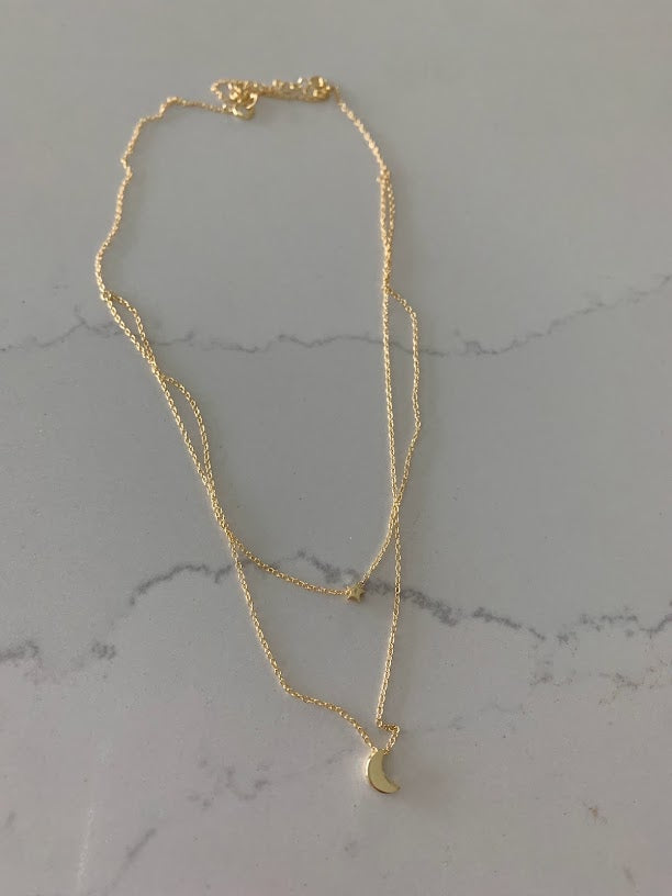 Gold Floating Moon & Star Necklace, Double Strand