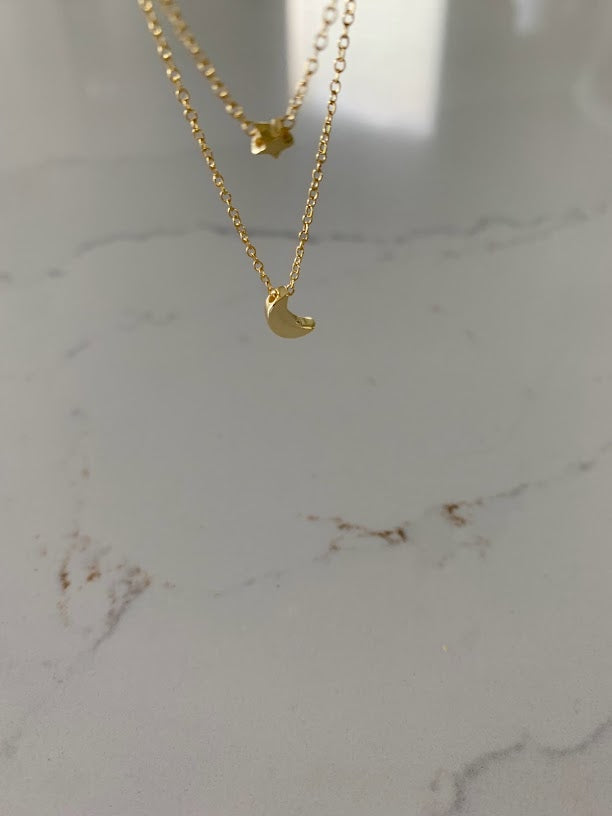 Gold Floating Moon & Star Necklace, Double Strand