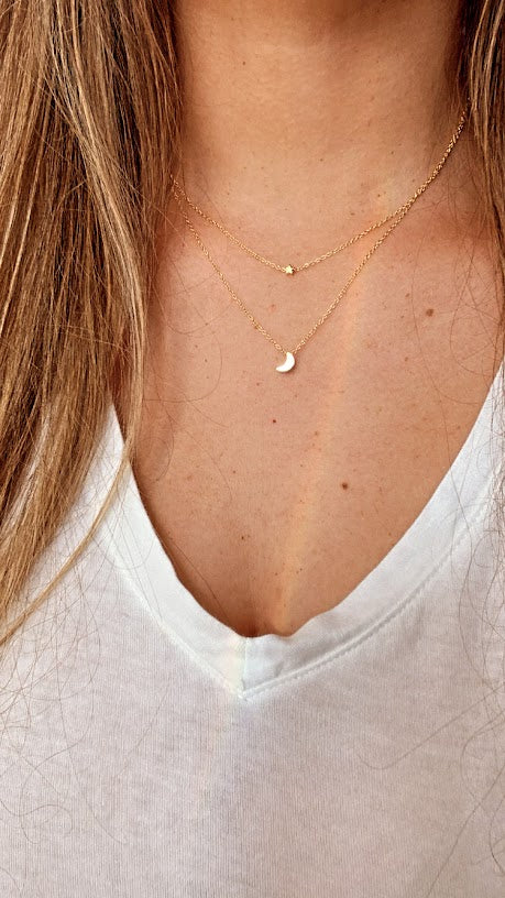 Gold Floating Moon & Star Necklace, Double Strand