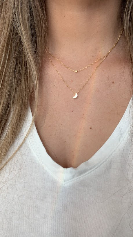 Gold Floating Moon & Star Necklace, Double Strand